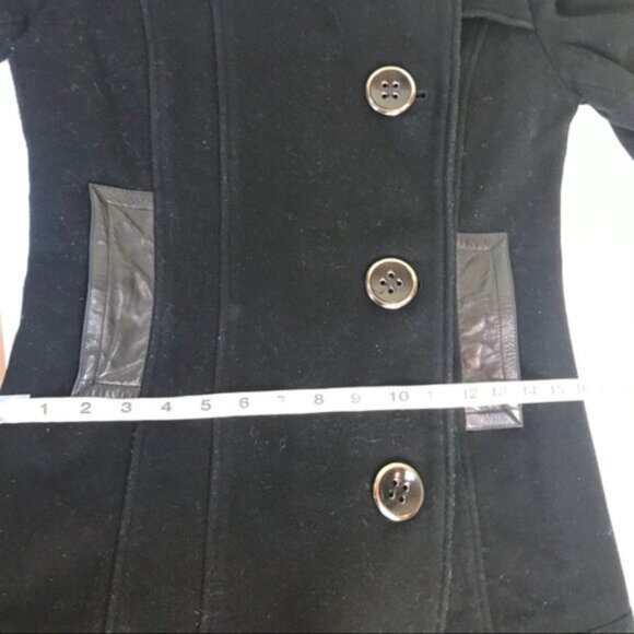 Mackage Wool Leather Fitted Car Coat Large Collar Pockets Wool Pea Coat Jacket - Picture 12 of 16